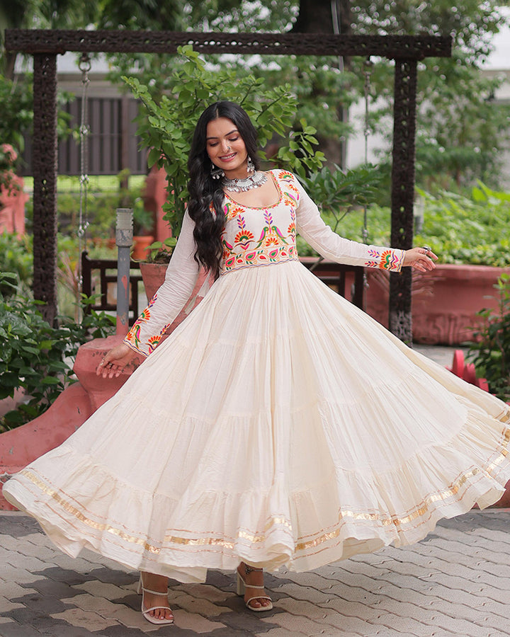 Elegant Off-White Kora Cotton Mirror Work Navratri Gown