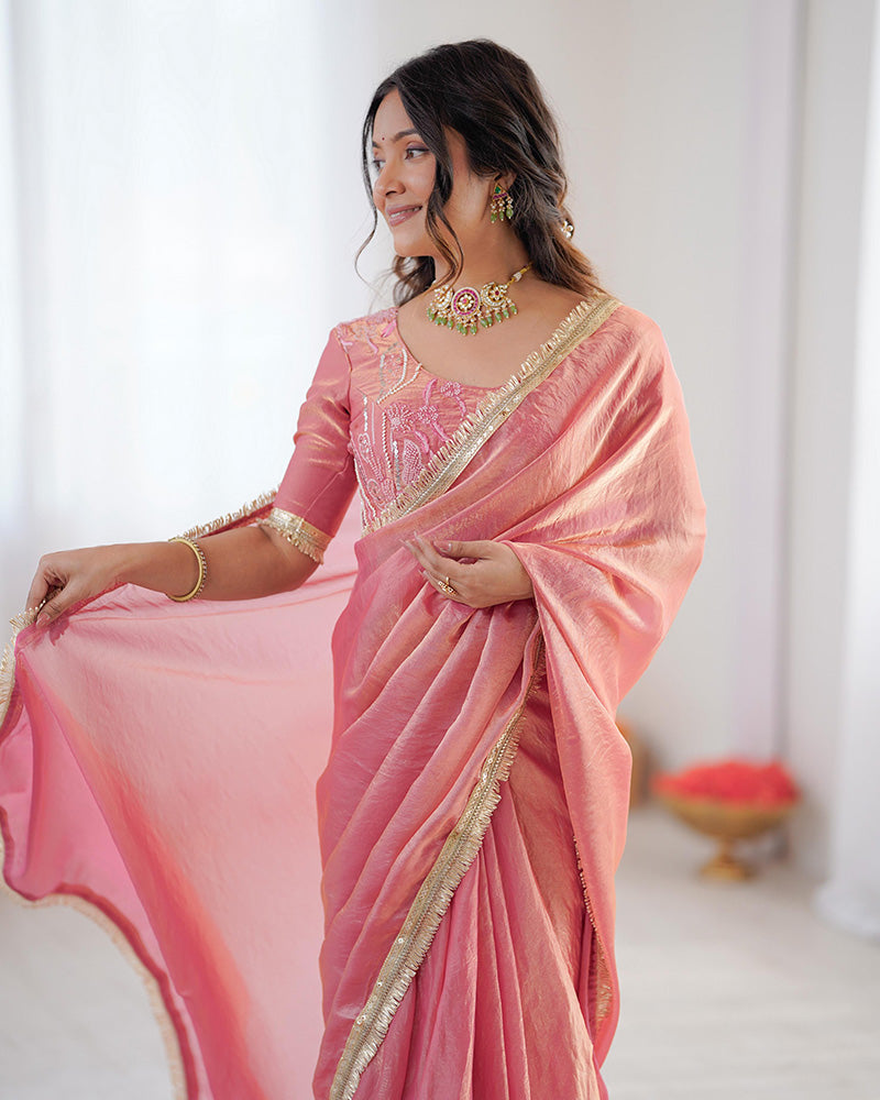 Baby Pink Color Fendi Silk Pre Draped Saree