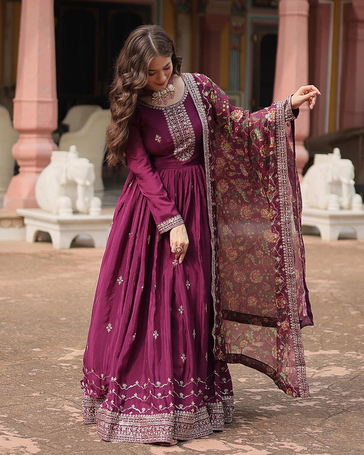Beautiful Wine Color Chinnon Gown With Embroidered Dupatta