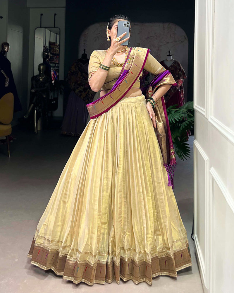 Designer Cream Color Erode Jacquard Paithani Silk Lehenga Choli