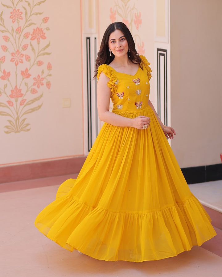 Designer Yellow Color Faux Blooming Embroidered work Gown