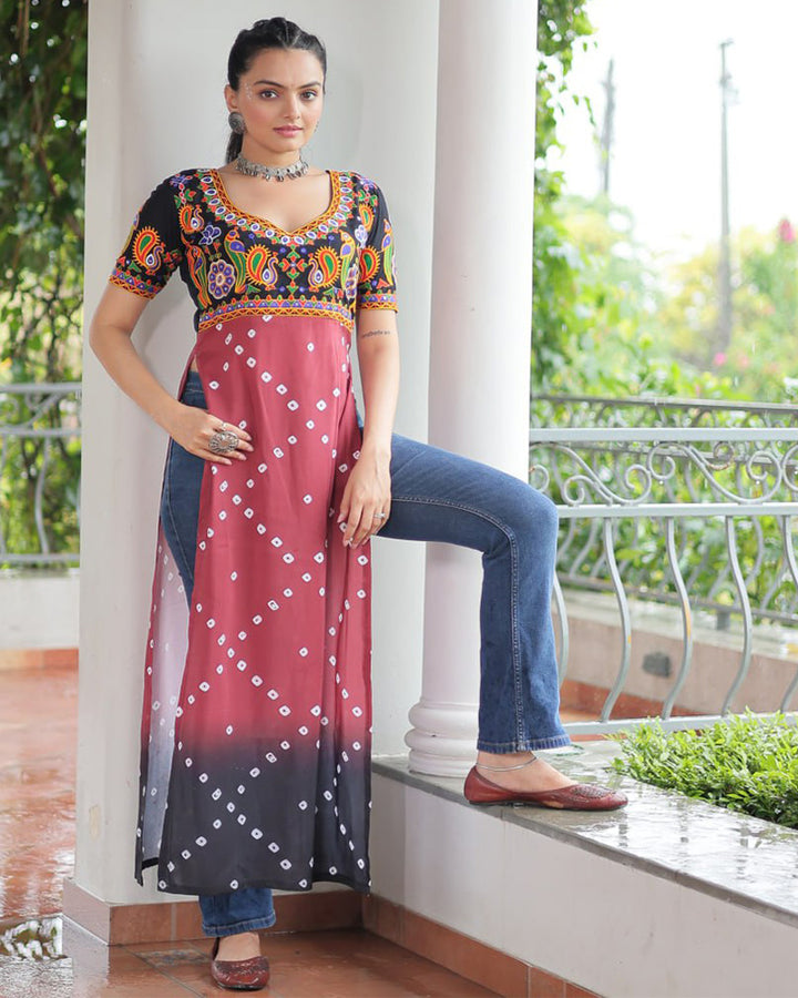Navratri Special Maroon Black Color Rayon Kutchi Work Kurti