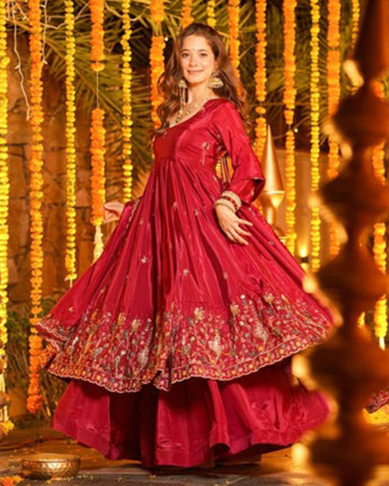 Red Color Crunchy Silk Embroidered Sharara Suit