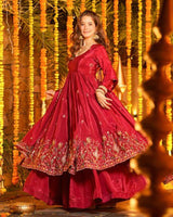 Red Color Crunchy Silk Embroidered Sharara Suit