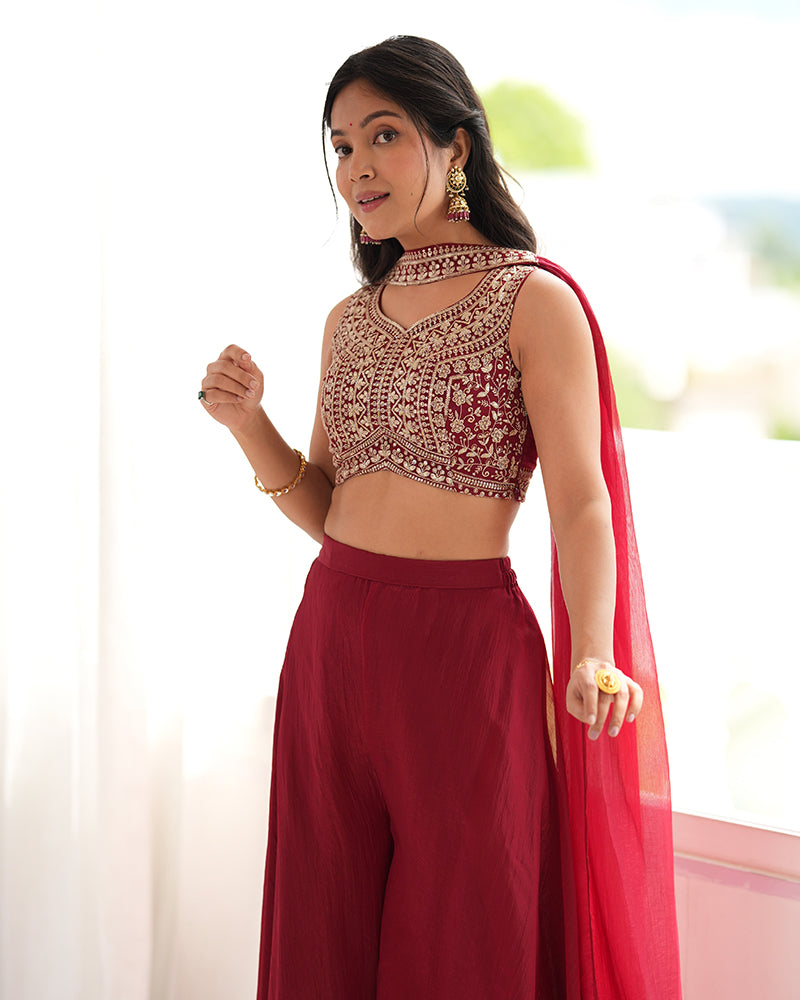 Deep Maroon Color Crunchy Silk Embroidered Plazzo Suit