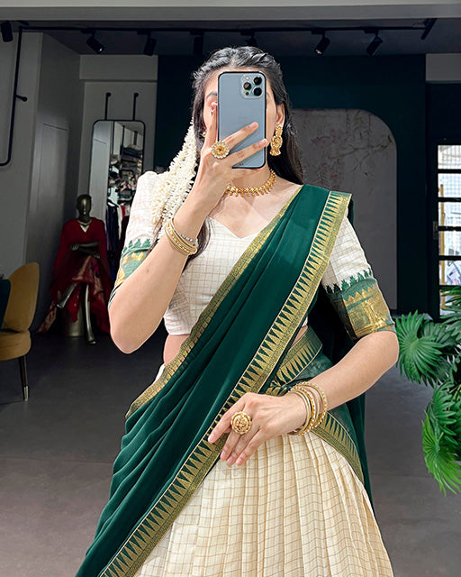 White And Green Color Poly Cotton Chex Onam Half Saree