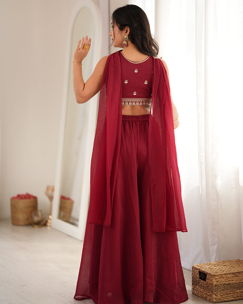 Deep Maroon Color Crunchy Silk Embroidered Plazzo Suit