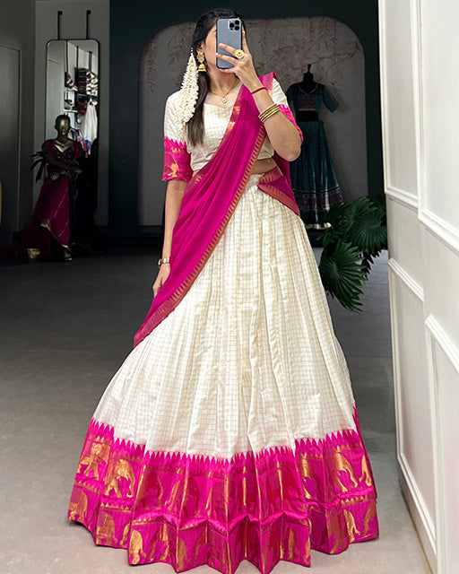 White And Pink Color Poly Cotton Chex Onam Half Saree