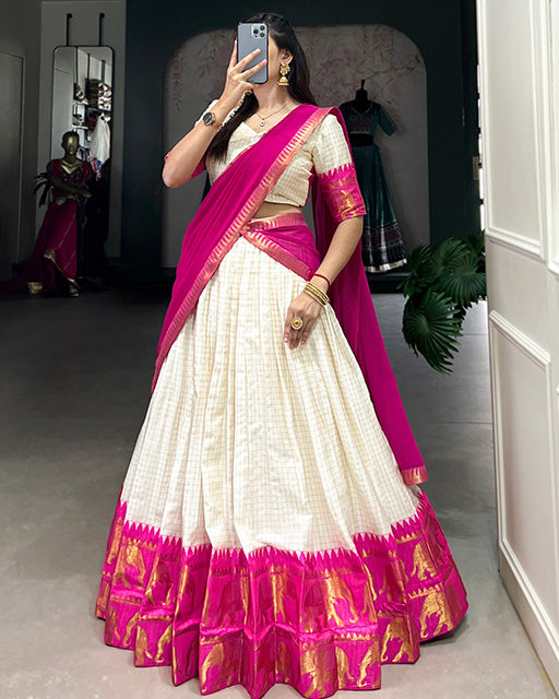White And Pink Color Poly Cotton Chex Onam Half Saree