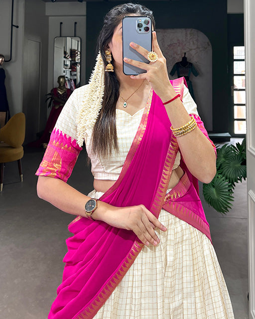 White And Pink Color Poly Cotton Chex Onam Half Saree