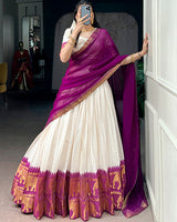 White And Wine Color Poly Cotton Chex Onam Half Saree