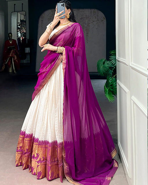 White And Wine Color Poly Cotton Chex Onam Half Saree