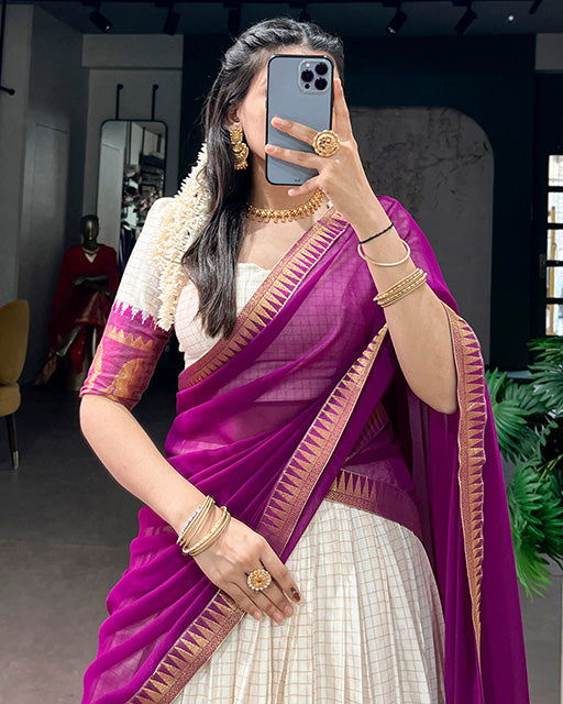 White And Wine Color Poly Cotton Chex Onam Half Saree
