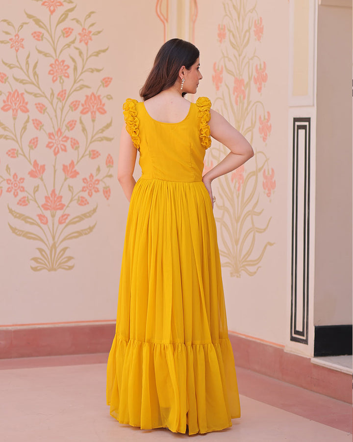 Designer Yellow Color Faux Blooming Embroidered work Gown