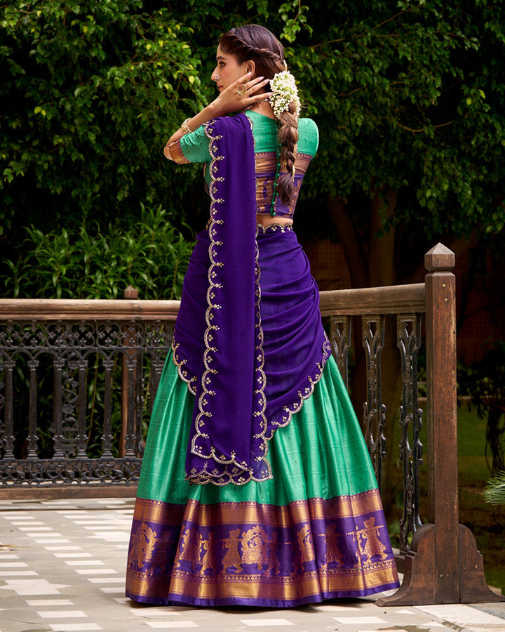 Bottle Green Color Poly Cotton Zari Weaving Half Saree