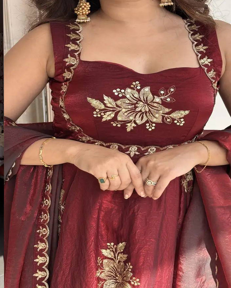 Maroon Color Fendi Satin Zari Sequence Party Gown