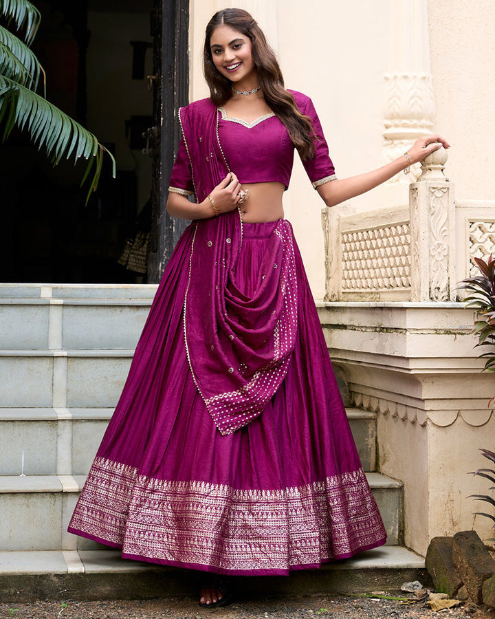 Wine Color Pure Chanderi Plain Navratri Half Saree