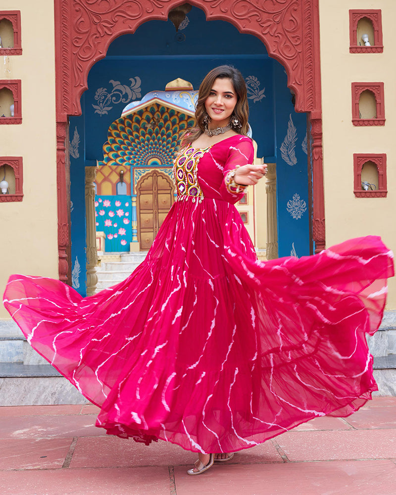 Navratri Special Pink Color Faux Georgette Laheriya Print Gown