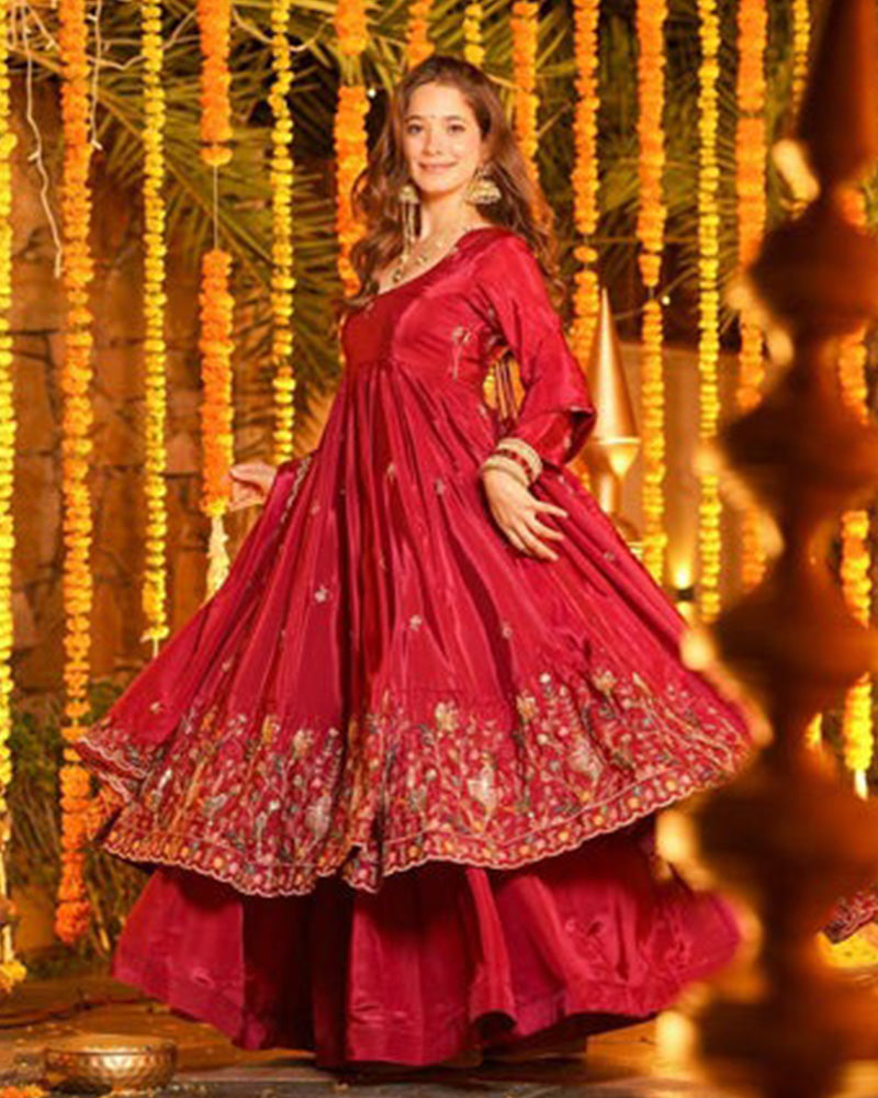 Red Color Crunchy Silk Embroidered Sharara Suit