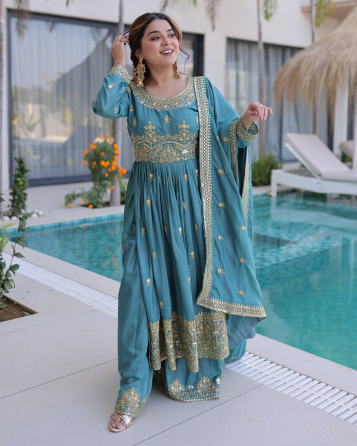 Dusty Teal Color Super Silk Embroidered Sharara Suit