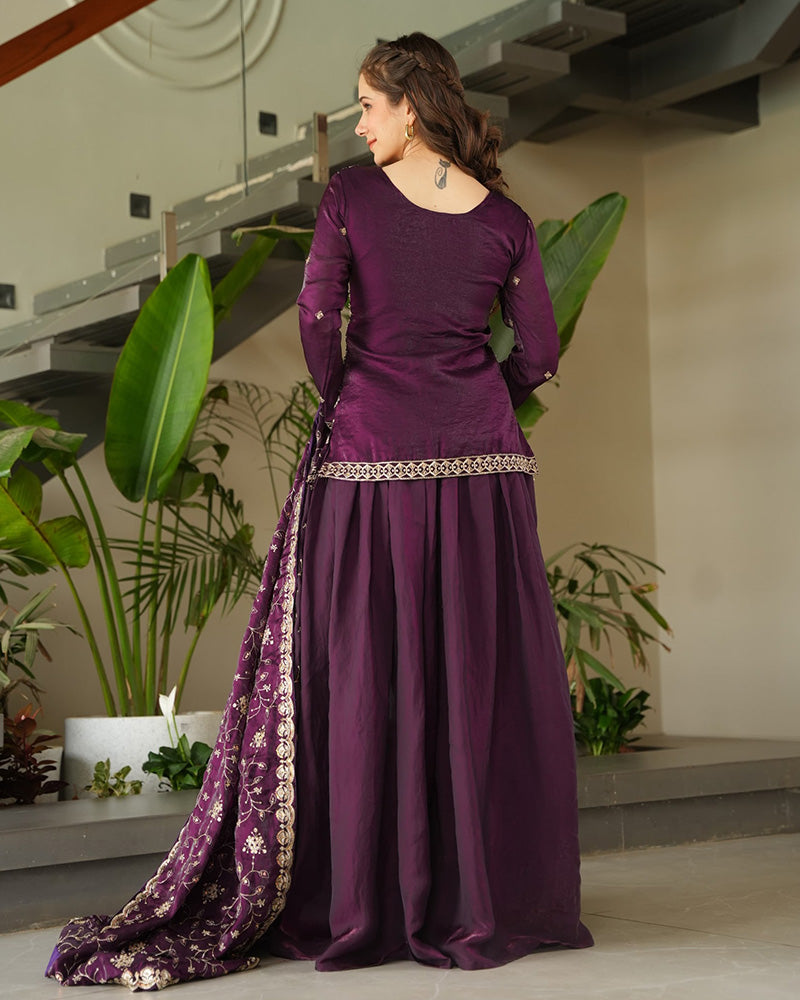 Elegant Wine Embroidered Sharara Set with Dupatta