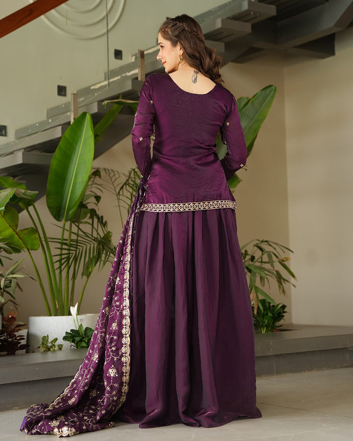 Elegant Wine Embroidered Sharara Set with Dupatta
