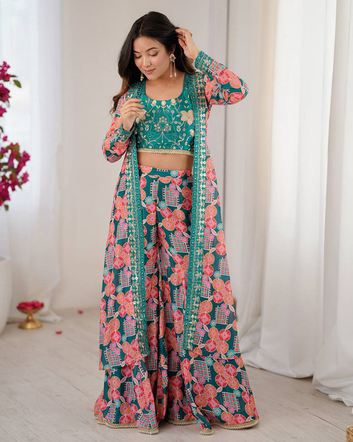 Bottle Green Color Muslin Cotton Digital Printed Plazzo Suit
