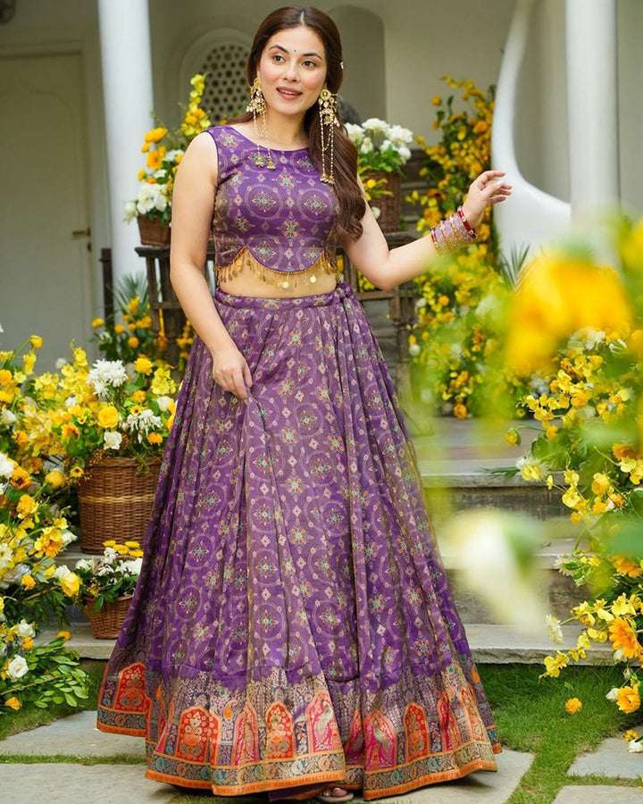 Dusty Mauve Color Digital Printed Jimmy Organza Lehenga Choli