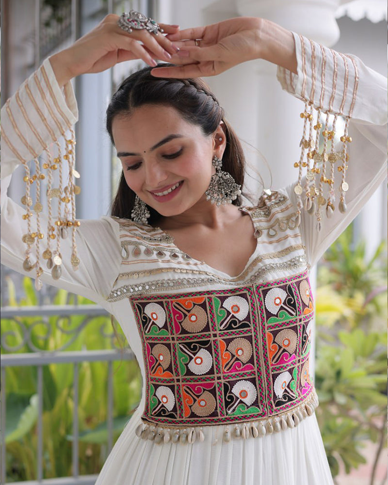 Three Color Rayon with Kutchi  Gamthi Work Navratri Gown