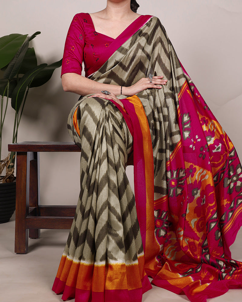 Mehndi Color Tssar Silk Printed Saree
