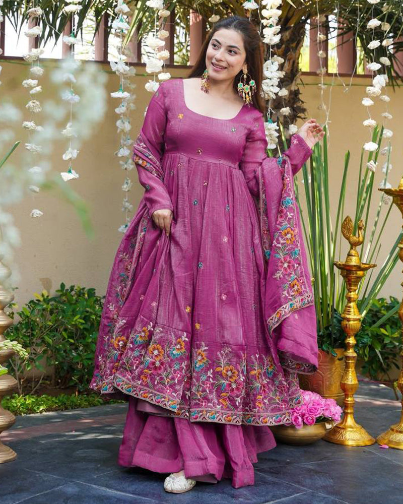 Onion Color Crunchy Silk Embroidered Sharara Suit