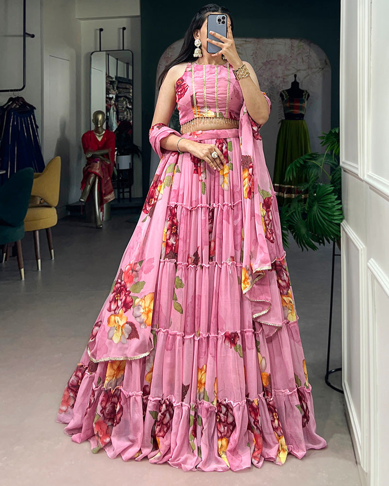 Pink Color Lightweight Chiffon Printed Lehenga Choli