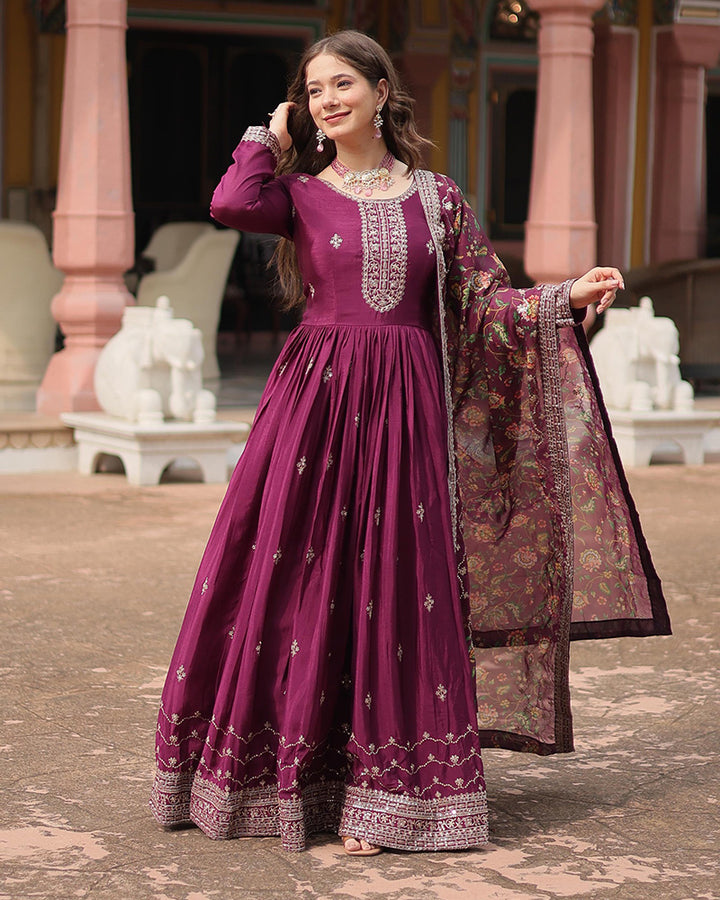 Beautiful Wine Color Chinnon Gown With Embroidered Dupatta