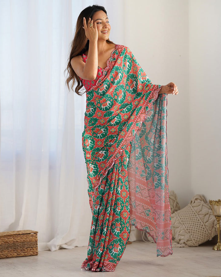 Bottle Green Color Chinnon Silk Printed Saree