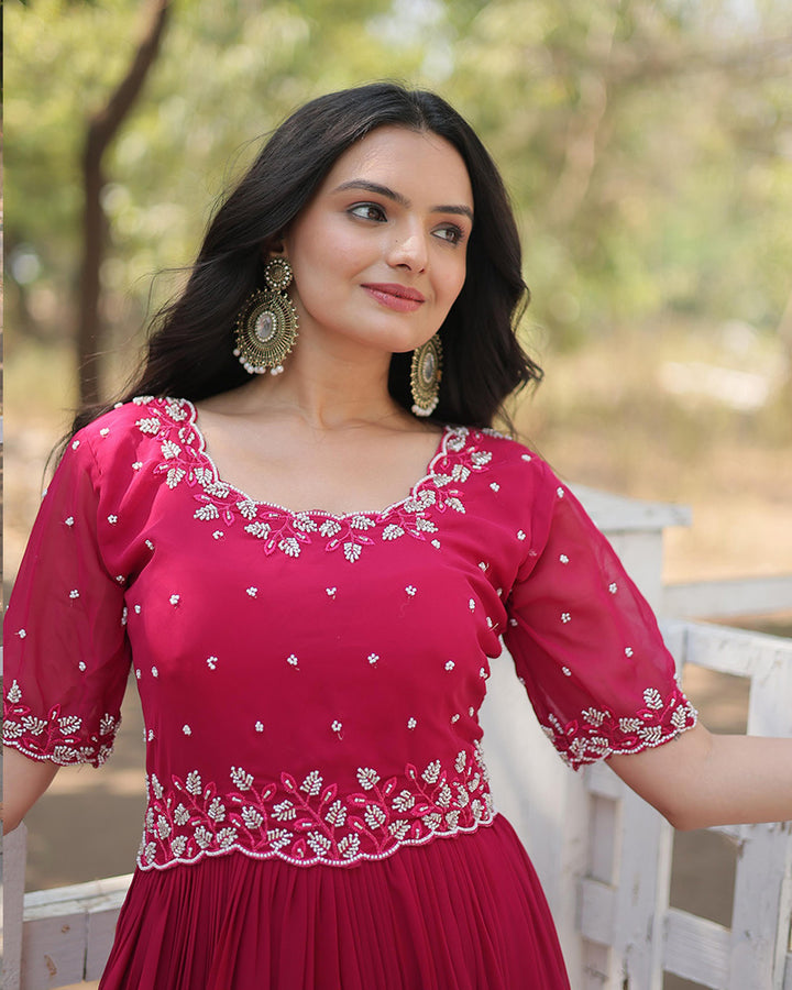 Rani Pink Color Designer Georgette Long Gown