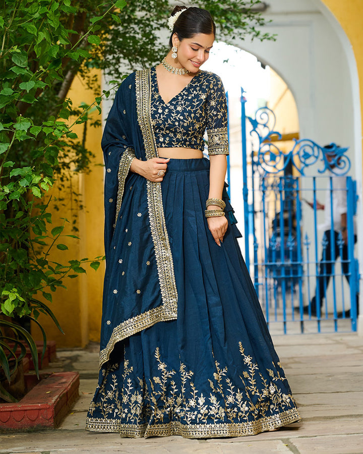 Rama Color Vichitra Silk Sequence Embroidered Lehenga Choli