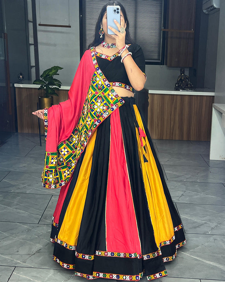 Black Color Designer Pure Rayon Cotton Gamthi Work Navratri Lehenga Choli