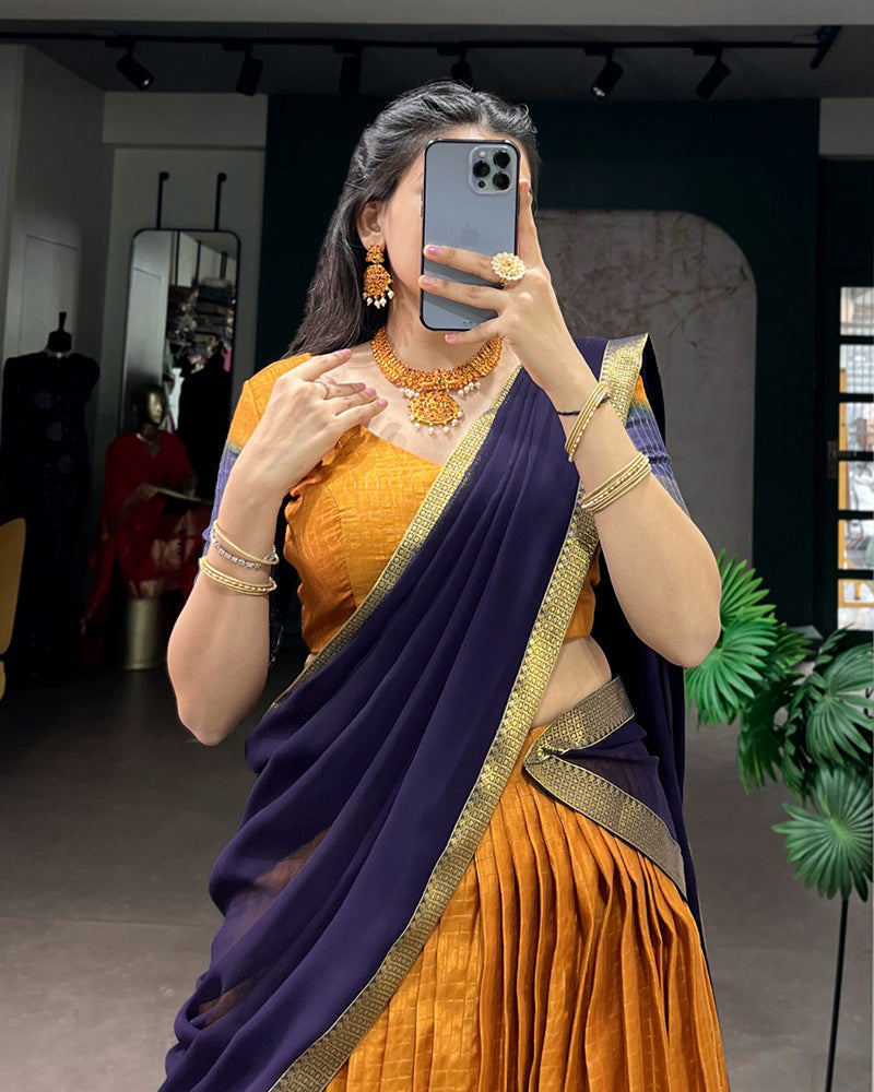 Mustard Color Dola Chex Zari Weaving Half Saree