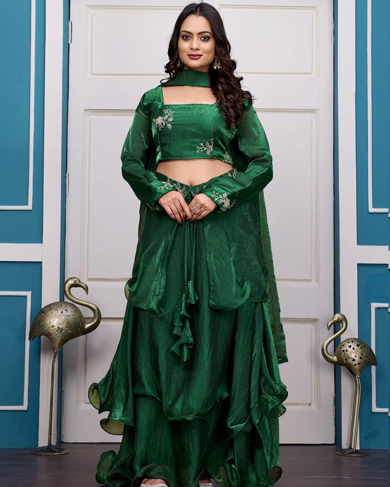 Green Color Fendy Satin Silk Embroidered Lehenga Choli