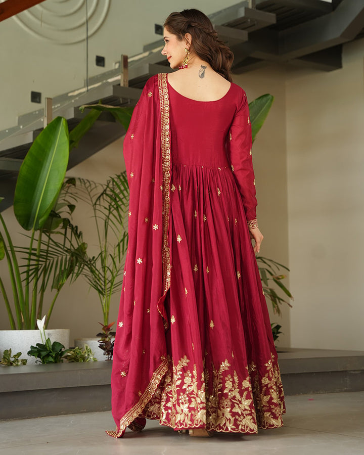 Beautiful Red Color Chinnon Gown With Embroidered Dupatta