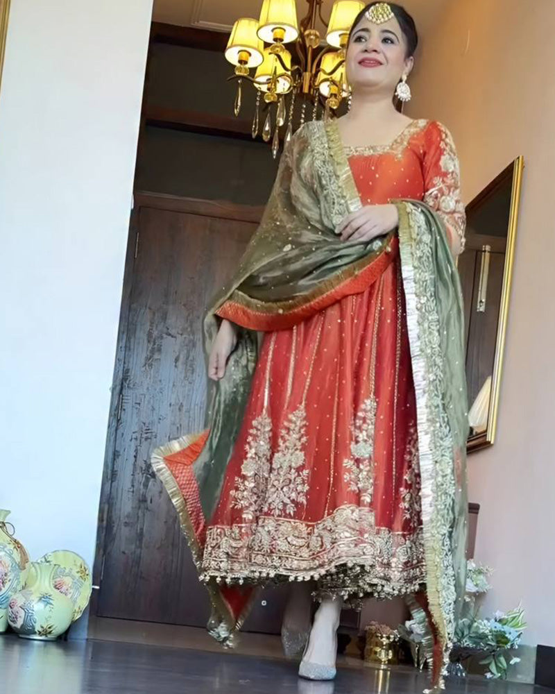 Orange Color Fandy Satin Embroidered Three Piece Anarkali Suit