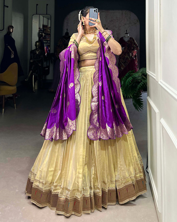 Designer Cream Color Erode Jacquard Paithani Silk Lehenga Choli