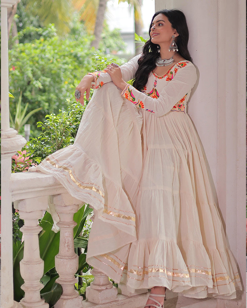 Elegant Off-White Kora Cotton Mirror Work Navratri Gown