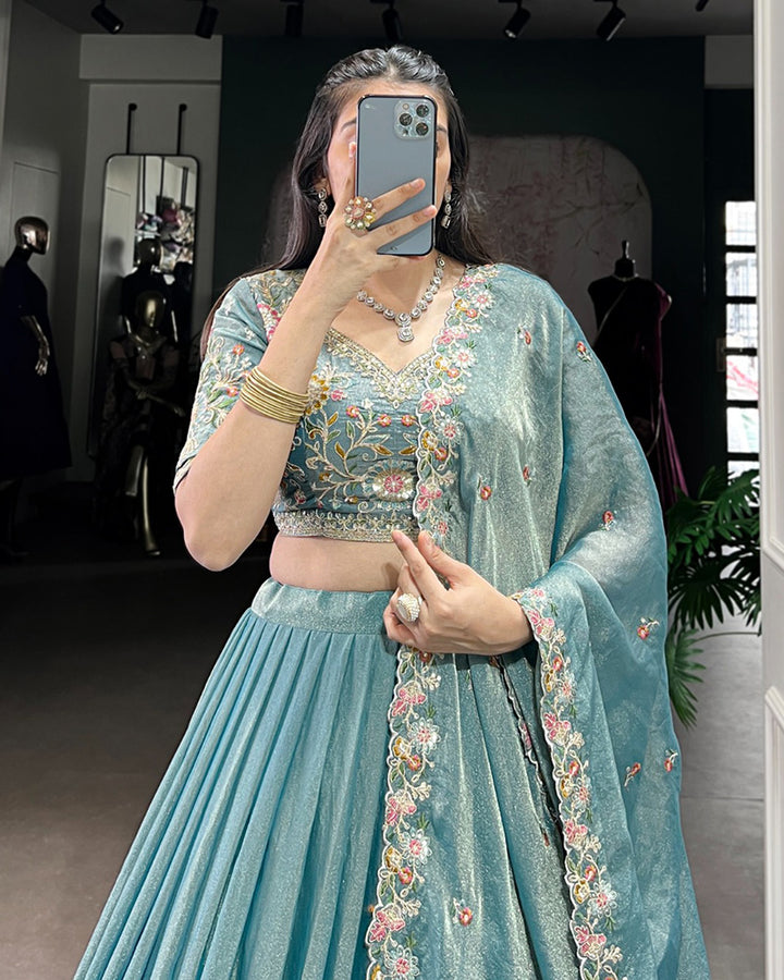 Designer Sky Blue Color Zari Shimmer Lehenga Choli