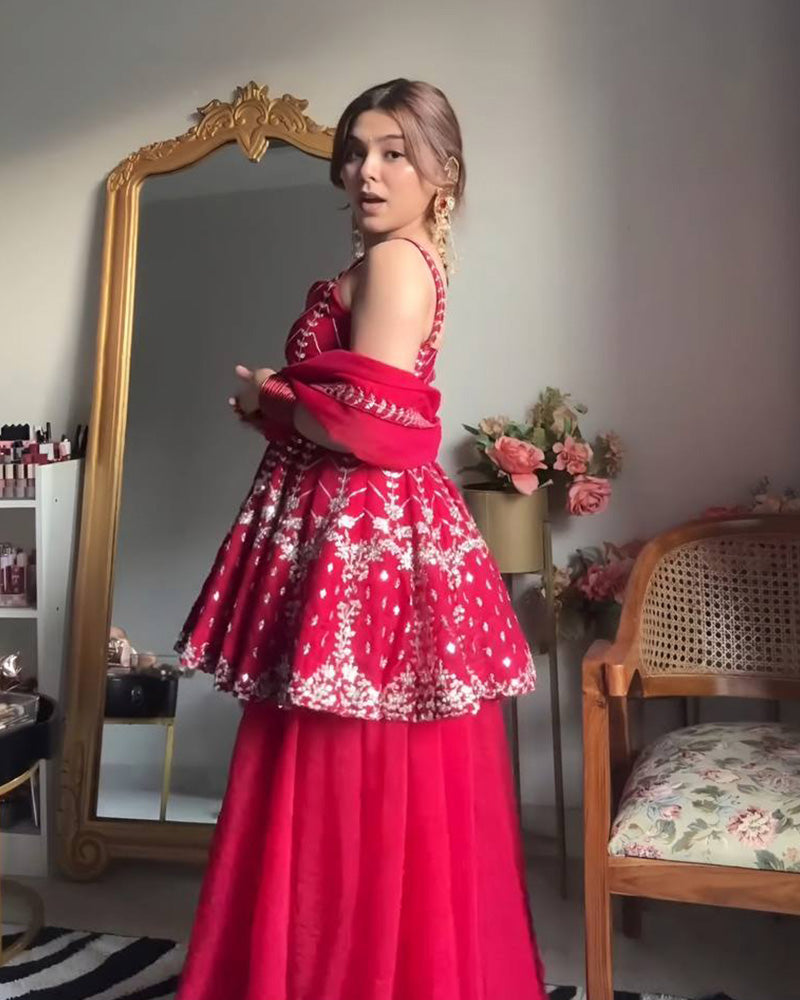 Rani Pink Color Faux Blooming Plazzo Suit