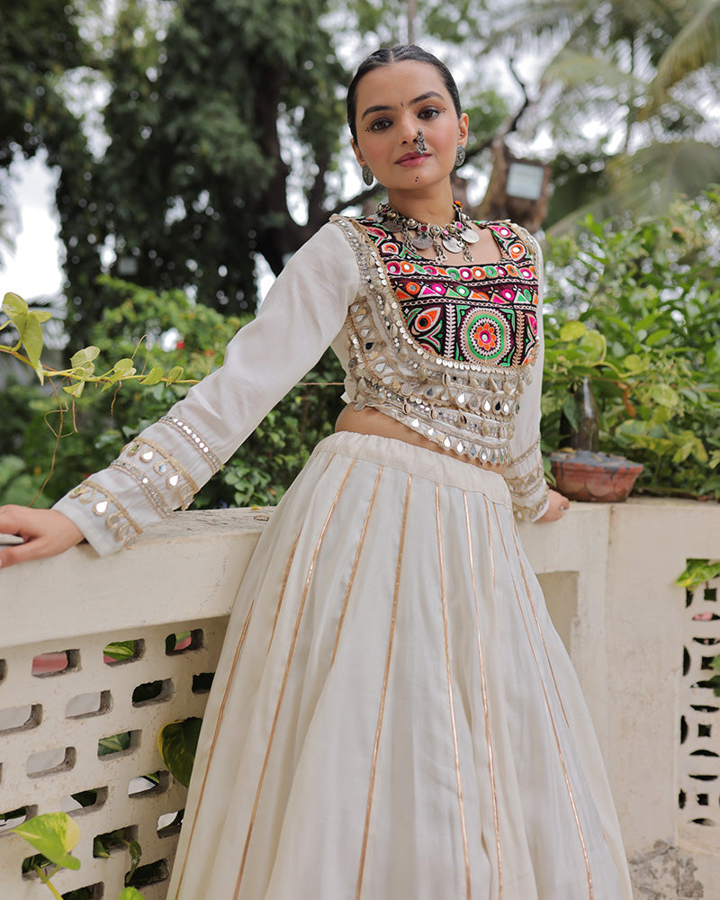 Off-White Color Roman Silk Navratri Lehenga Choli