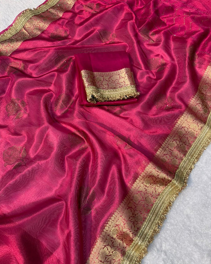 Premium Rani Pink Color Organza Tissue Silk Saree