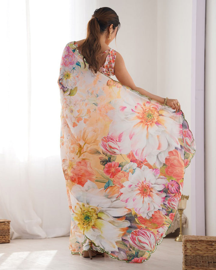 Peach Color Chinnon Silk Printed Saree