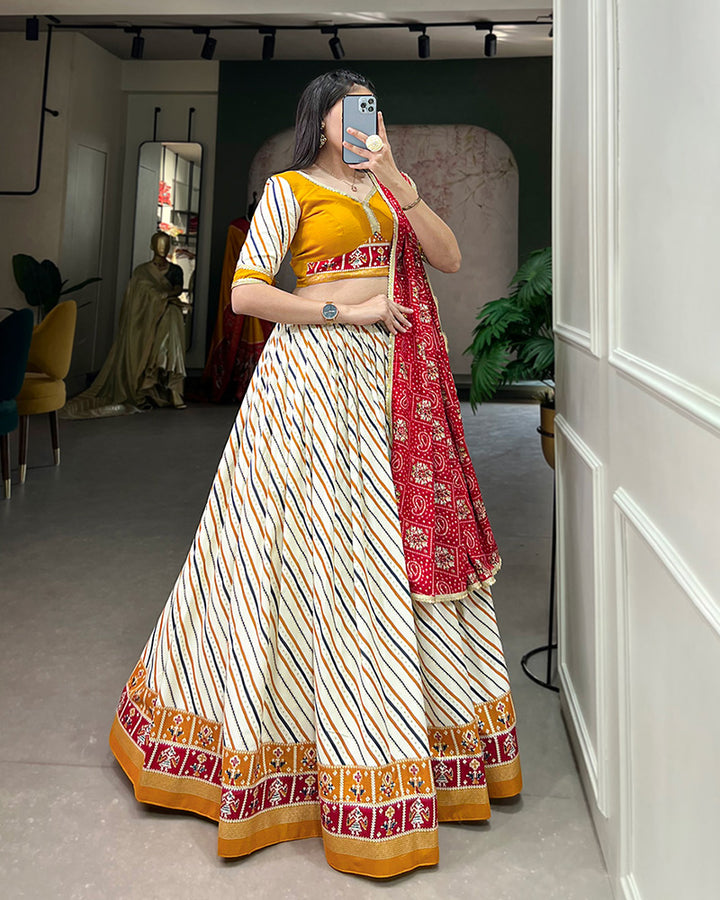 Laheriya And Patola Print Mustard Color Cotton Fully Stitched Lehenga Choli
