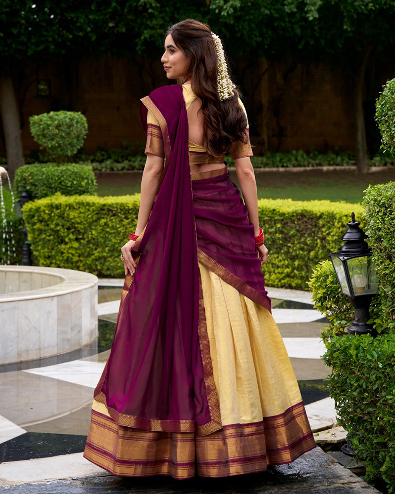 Wine Kanchipuram Silk Half Saree Zari Weaving